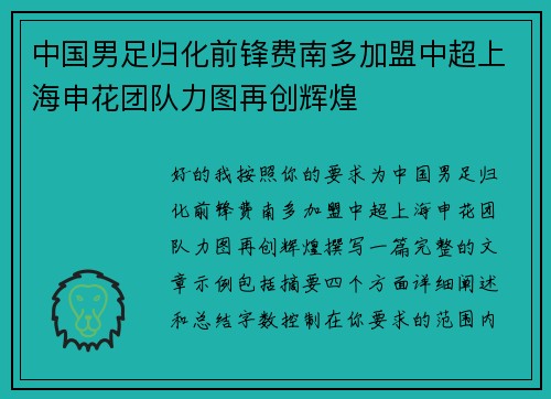 中国男足归化前锋费南多加盟中超上海申花团队力图再创辉煌